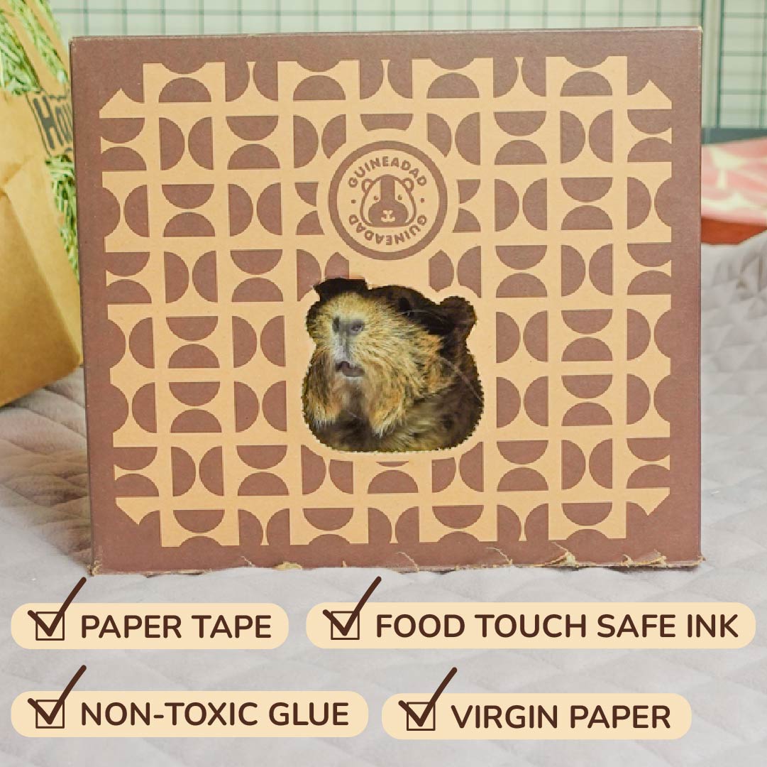GuineaDad Crunchy Condo Features including Paper Tape, Food Touch Safe Ink, Non-toxic Glue, and Virgin Paper