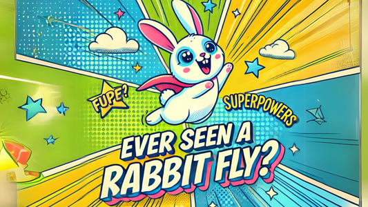 The illustration of a blog "Ever Seen a Rabbit Fly? The Science Behind Binkies and Joyful Leaps" showing white rabbit flying in a cape with colorful could and stars in the background.