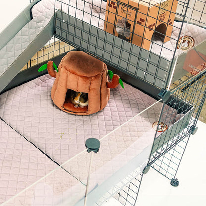 Complete GuineaDad Piggy Condo C&C Cage setup featuring the new Balcony Add-On, with a guinea pig enjoying the expanded space. This image showcases how the balcony integrates seamlessly into the cage, offering an elevated area for play and relaxation.
