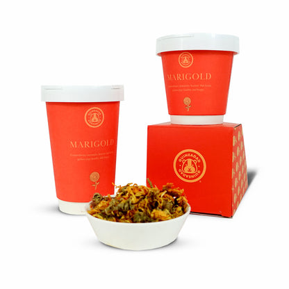 A Marigold Treat Cup with bright orange flowers in a minimalist container, ideal for enriching a pet's diet and environment.