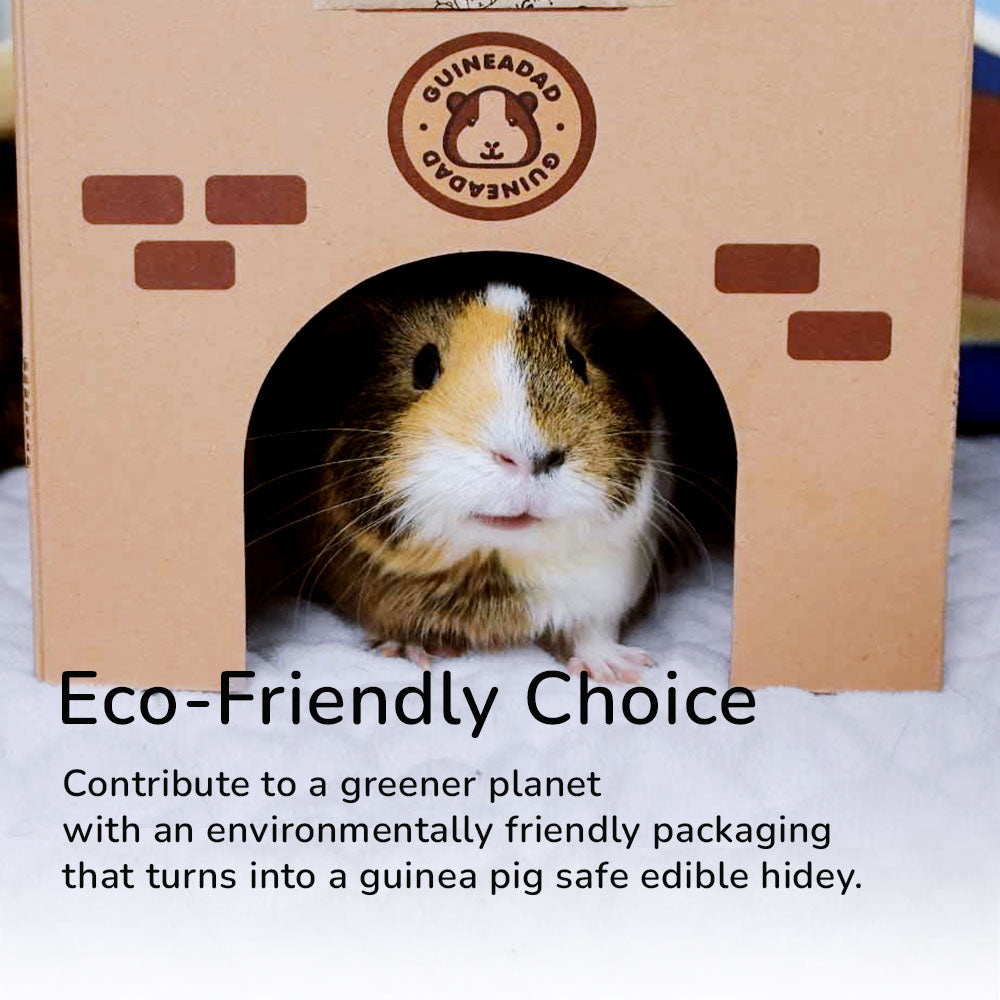 A guinea pig is peeking out from the entrance of a brown cardboard hidey house with the 'GuineaDad' logo. The hidey house is sitting on top of the GuineaDad Original Liner. The text 'Eco-Friendly Choice' is prominently displayed, and a subtitle reads 'Contribute to a greener planet with our GuineaDad Original Liner, made from eco-friendly materials that provide a safe and edible hideaway for your guinea pig