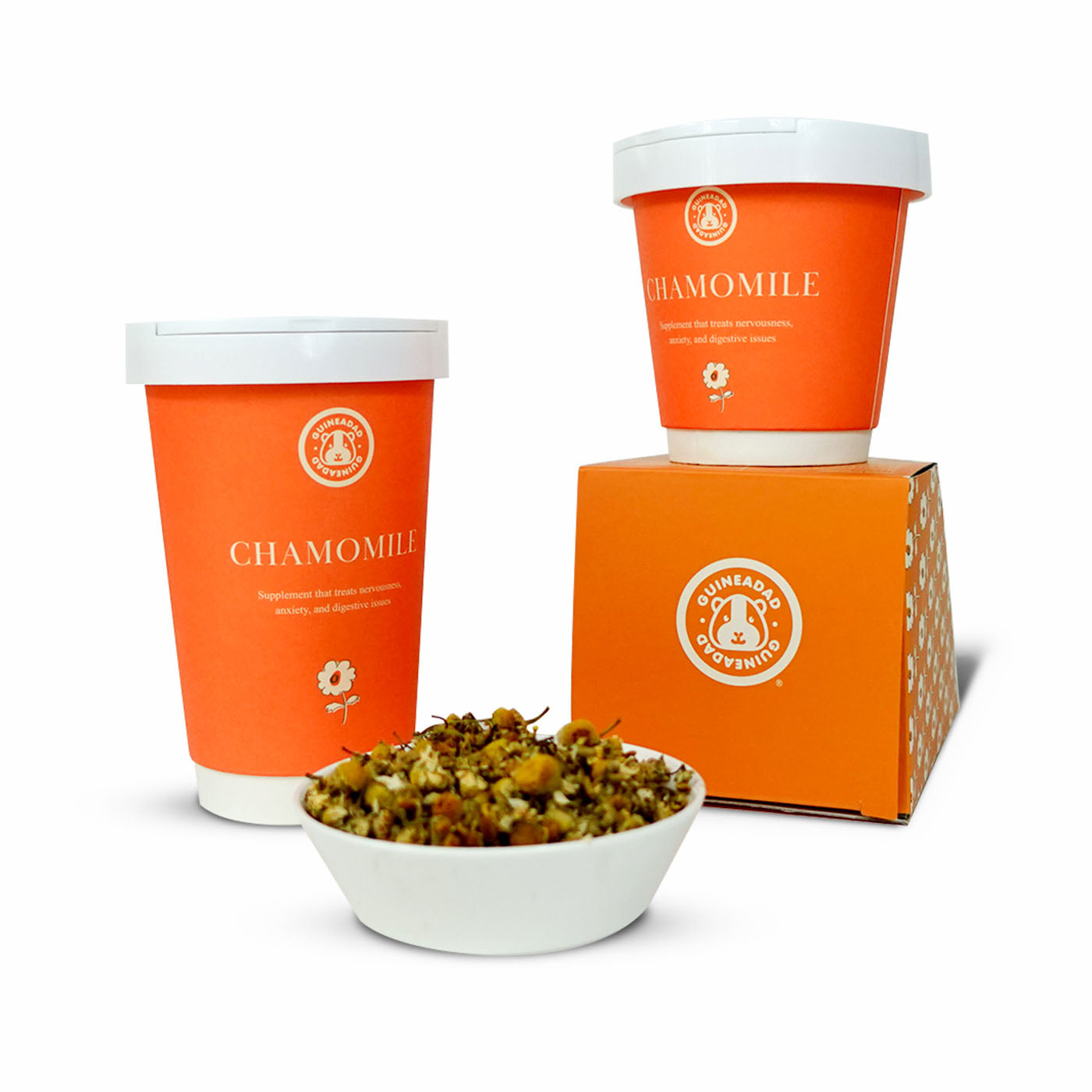A serene Chamomile Treat Cup, where soothing light green leaves and delicate white flowers come together in a clean, simple container, offering a peaceful and calming snack for pets.